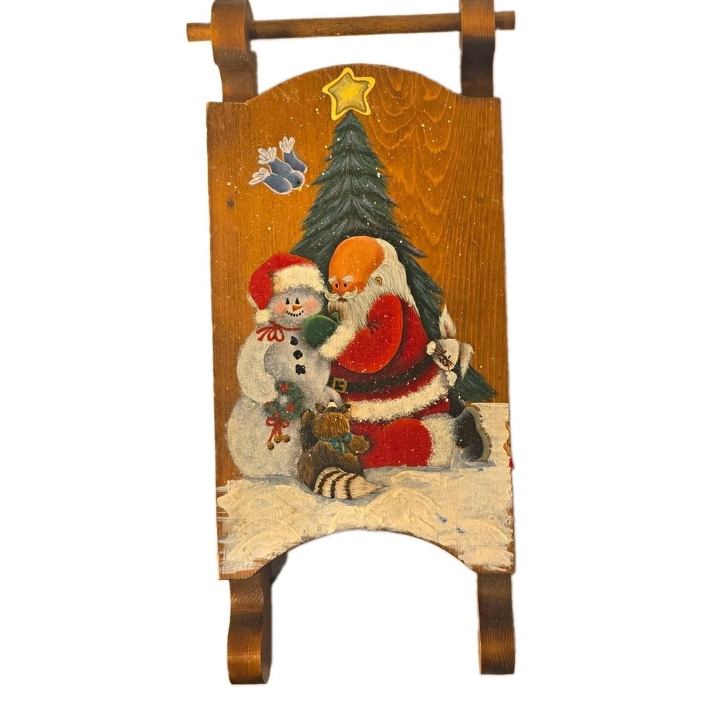 Hand Painted Wooden Christmas Sled Figurine Santa & Snowman Seasonal Decor